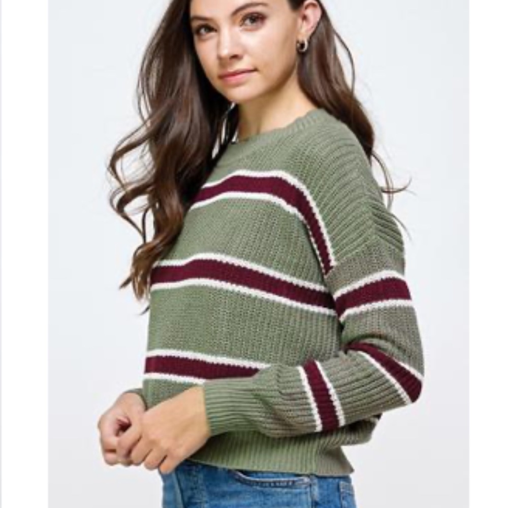 **NEW** OLIVE- Striped Crew Neck Sweater